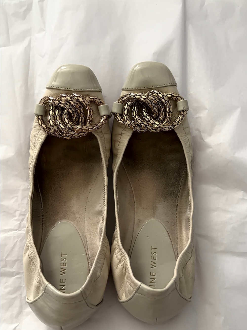 Nine West Cream Leather Ballet Flats with Braided Gold Accent